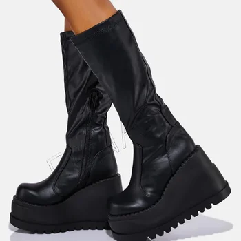  Черные туфли на танкетке Каблук До колена Боковая молния Обувь на высоком каблуке для женщин Свадебная обувь с круглым носком 2023 Zapatos Para Mujere