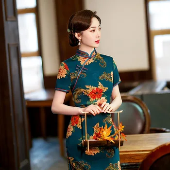 Элегантное платье средней длины с разрезом Женское традиционное вечернее платье Qipao в китайском стиле Cheongsam Flower Восточное платье Quipao